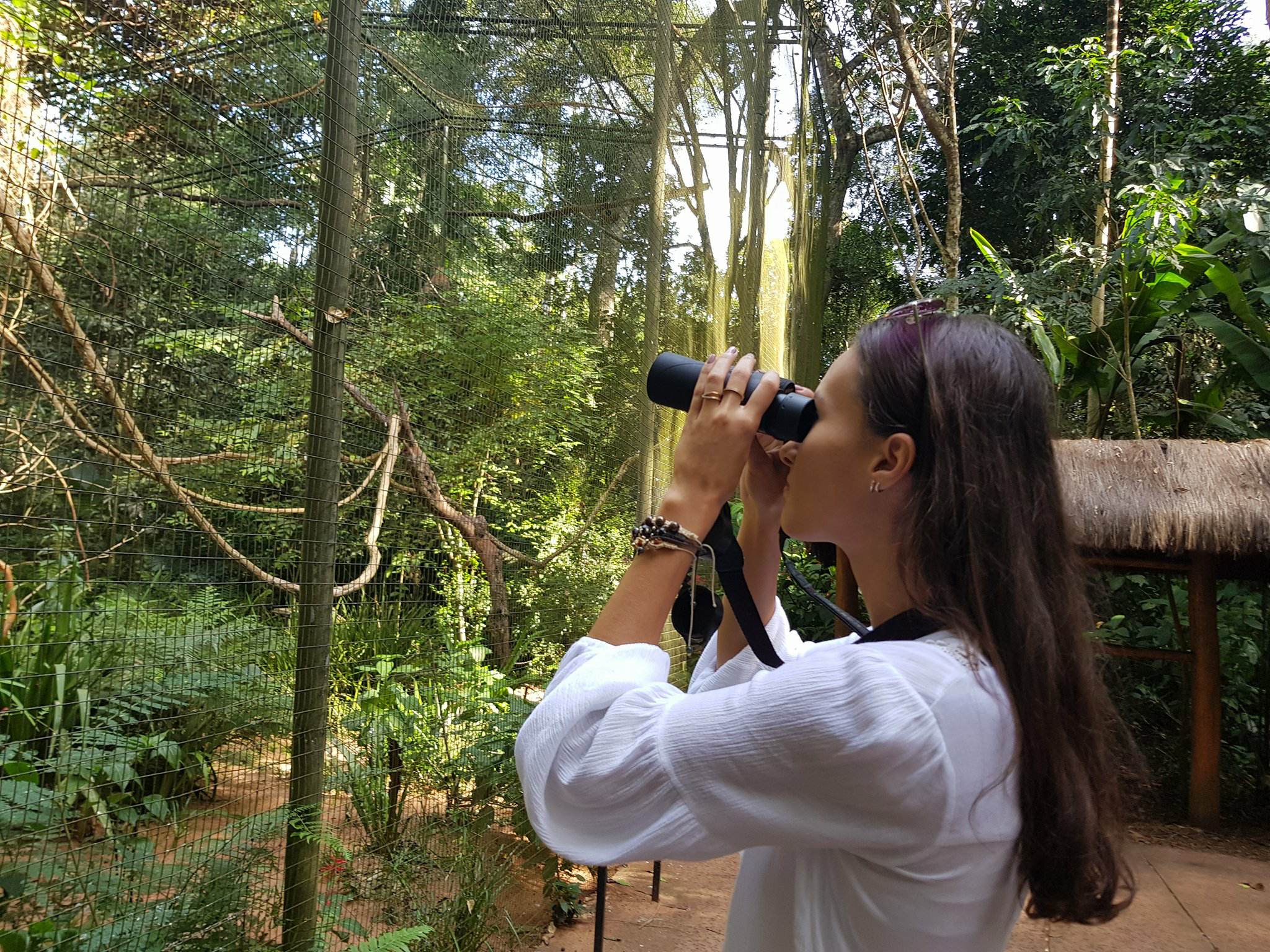 Mulher com cabelos longos e escuros, usa blusa branca, segura um binóculo enquanto observa aves no Parque das Aves, cercada por vegetação exuberante.