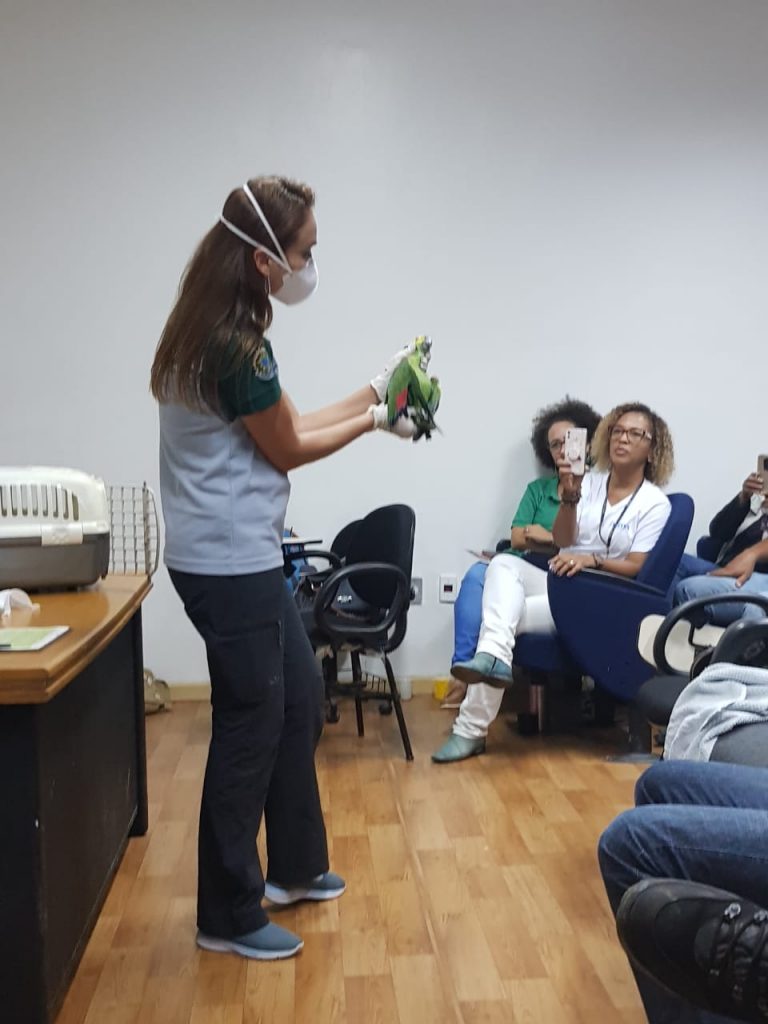 Mulher usando máscara e luvas de segurança uma ave verde enquanto fala para um grupo de pessoas sentadas em uma sala de aula. Os participantes observaram atentamente, e algumas tiraram fotos. A apresentação parece fazer parte de uma atividade educativa sobre aves e conservação.