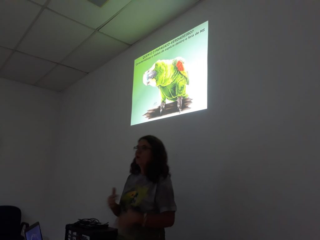 Mulher apresenta uma palestra em uma sala de aula, com uma imagem projetada de um papagaio-verdadeiro na parede. A apresentação discute características e conservação dessa espécie, destacando seu habitat. 