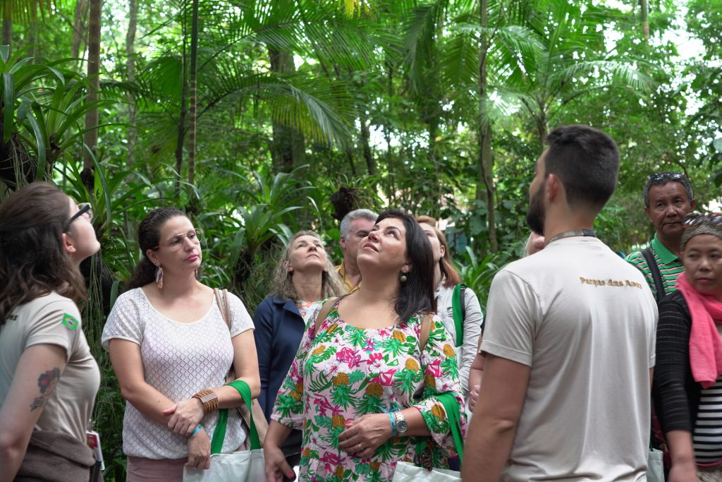 Grupo de visitantes, incluindo mulheres e homens, ouve atentamente um guia do Parque das Aves, cercado por uma densa vegetação tropical durante um passeio educativo.
