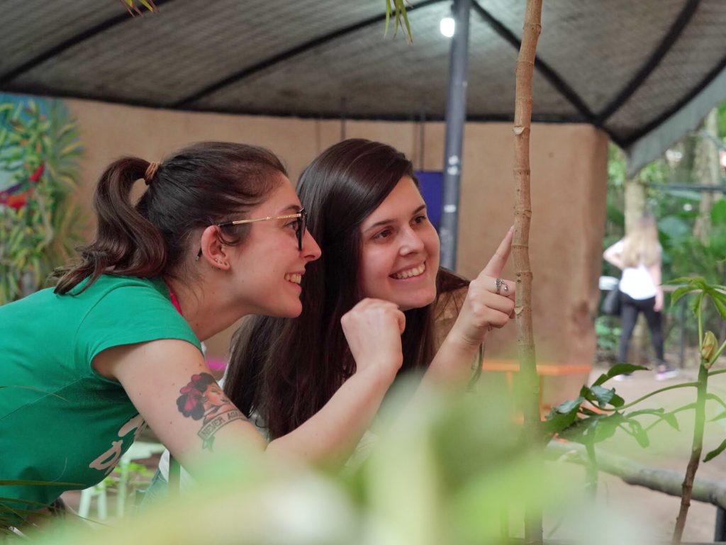 Foto de uma educadora ambiental mostrando a árvore cecrópia para uma visitante