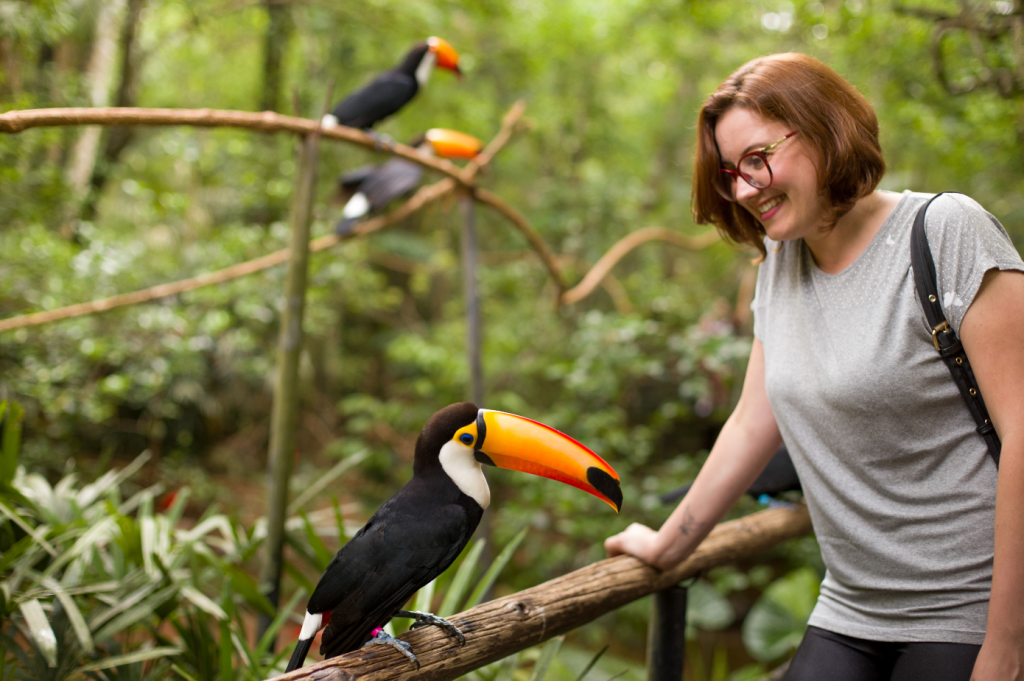 Turista vendo tucano-toco bem de perto