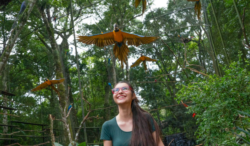 Turista tirando foto no viveiro das araras, no Parque das Aves