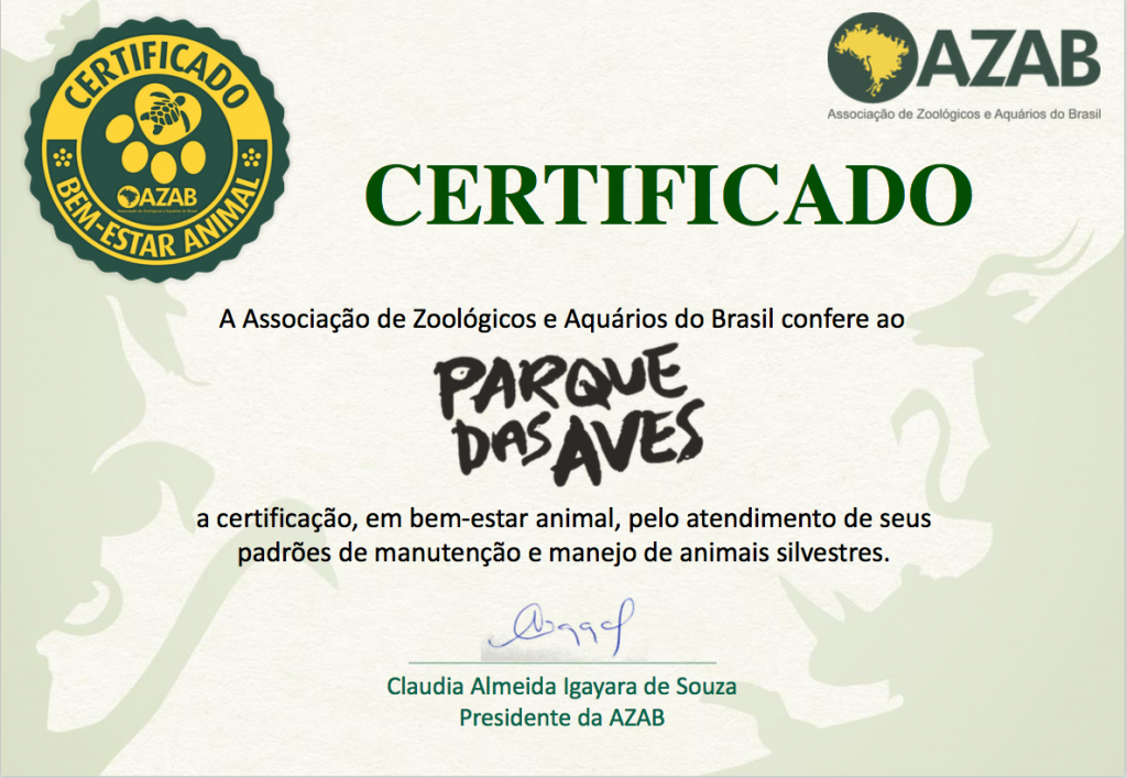Imagem do certificado recebido pelo Parque das Aves.