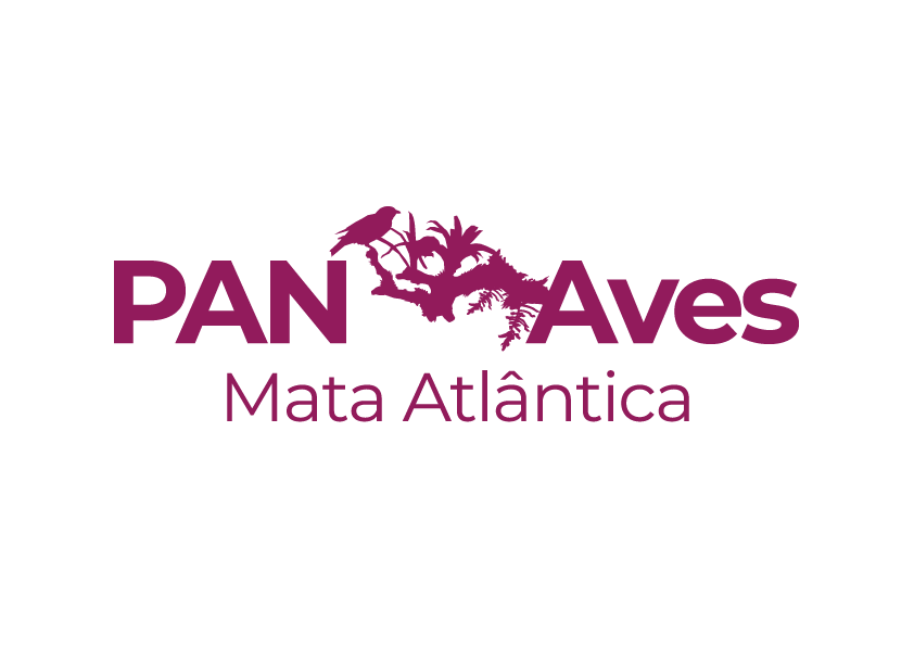 Logotipo do Plano de Ação Nacional para a Conservação das Aves da Mata Atlântica (PAN Aves), com silhuetas de aves e árvores estilizadas em cor vinho.
