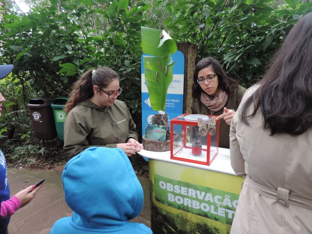 Duas mulheres em uma estação educativa ao ar livre, mostrando insetos dentro de uma caixa de vidro vermelha para um grupo de visitantes. A estação é dedicada à observação de borboletas.