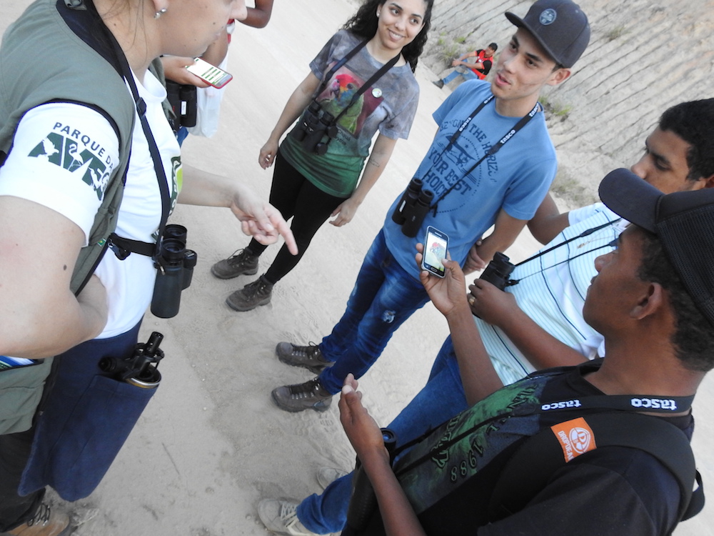 Grupo de pessoas em pé, reunidas em círculo, observando o aplicativo sobre observação do papagaio-chauá.