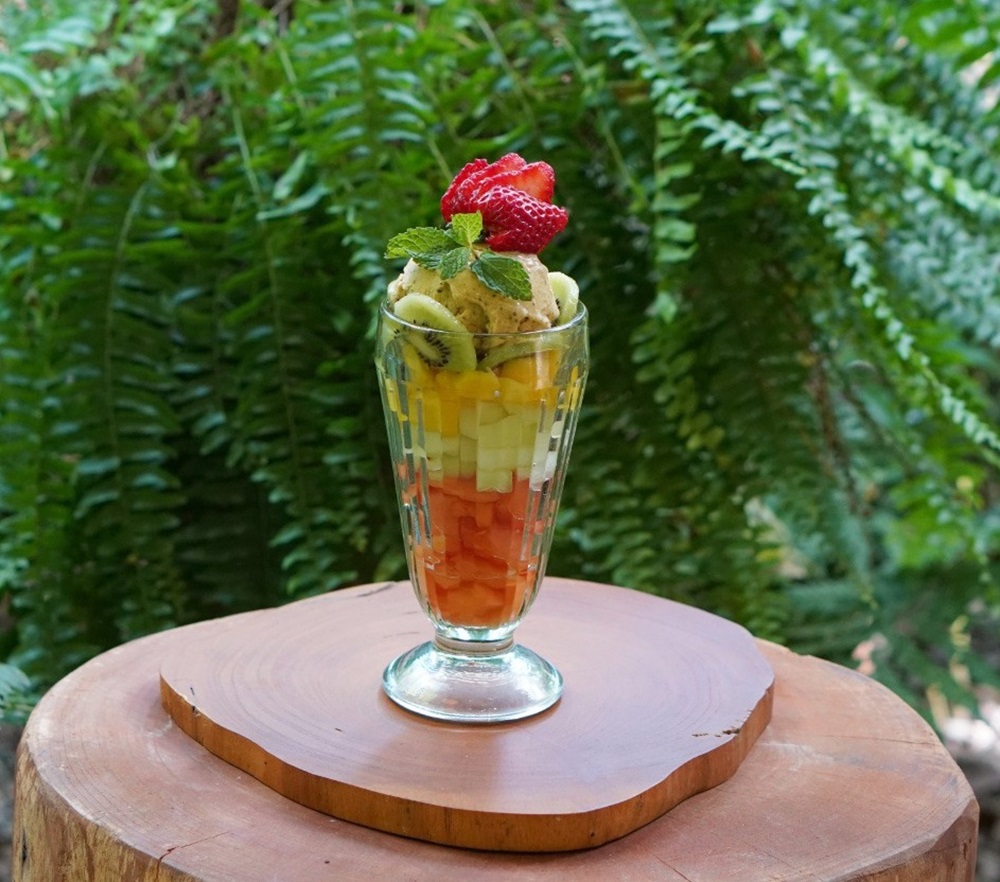 Salada de frutas com sorvete, sobremesa do Bistrô da Mata
