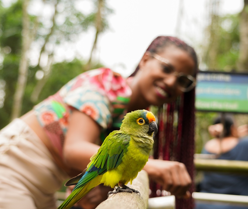 Mulher sorrindo enquanto observa um periquito sobre o corrimão no Parque das Aves.