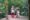 Duas mulheres caminham por trilha arborizada do Parque das Aves, em direção a um painel interativo de corujas para fotos.