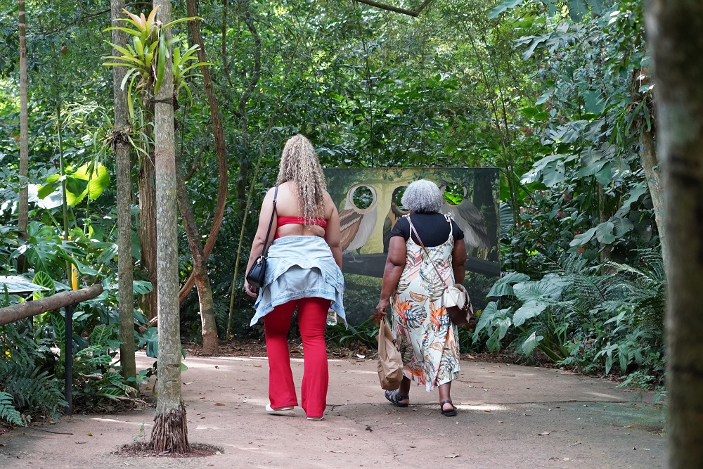Duas mulheres caminham por trilha arborizada do Parque das Aves, em direção a um painel interativo de corujas para fotos.