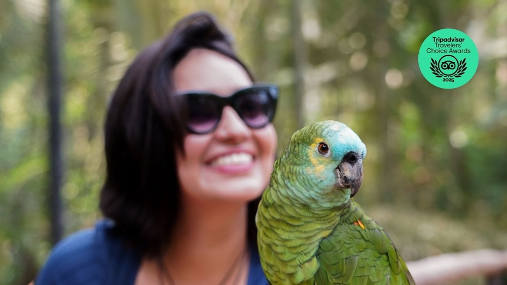 Papagaio sobre tronco em primeiro plano, com visitante sorrindo ao fundo e selo do Tripadvisor 2025 indicando premiação ao Parque das Aves.