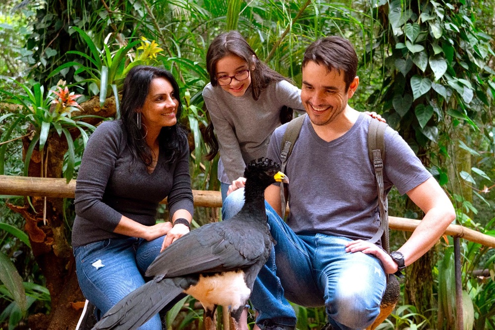 Família interagindo com uma mutum no Parque das Aves no dia dos pais, em meio à vegetação da Mata Atlântica.