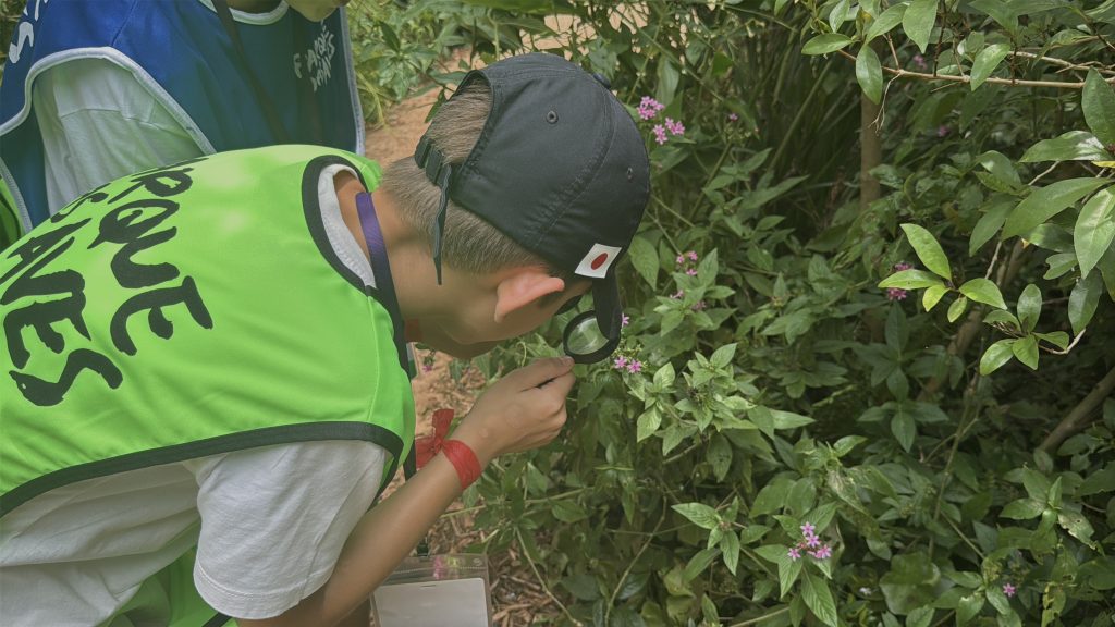 Participante da Colônia de Férias durante atividade educativa nos bastidores do Parque das Aves.